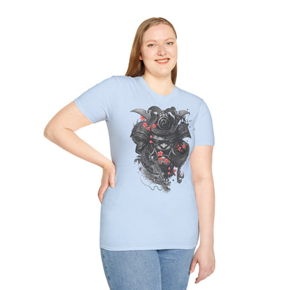 Samurai Helmet T‑Shirt — Japanese Warrior Armor with Red Sakura Accents