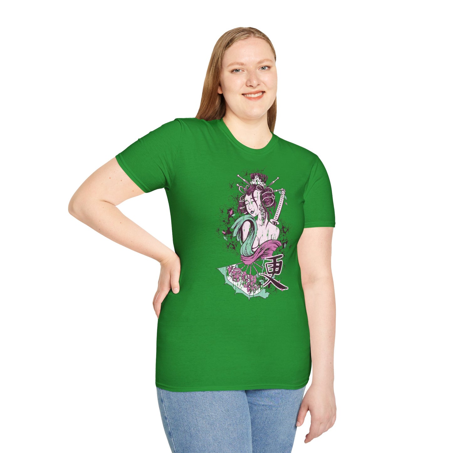 Geisha Anime Art T‑Shirt — Retro Floral Japanese Illustration