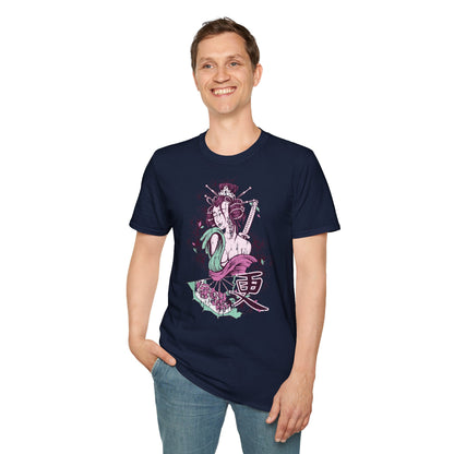 Geisha Anime Art T‑Shirt — Retro Floral Japanese Illustration