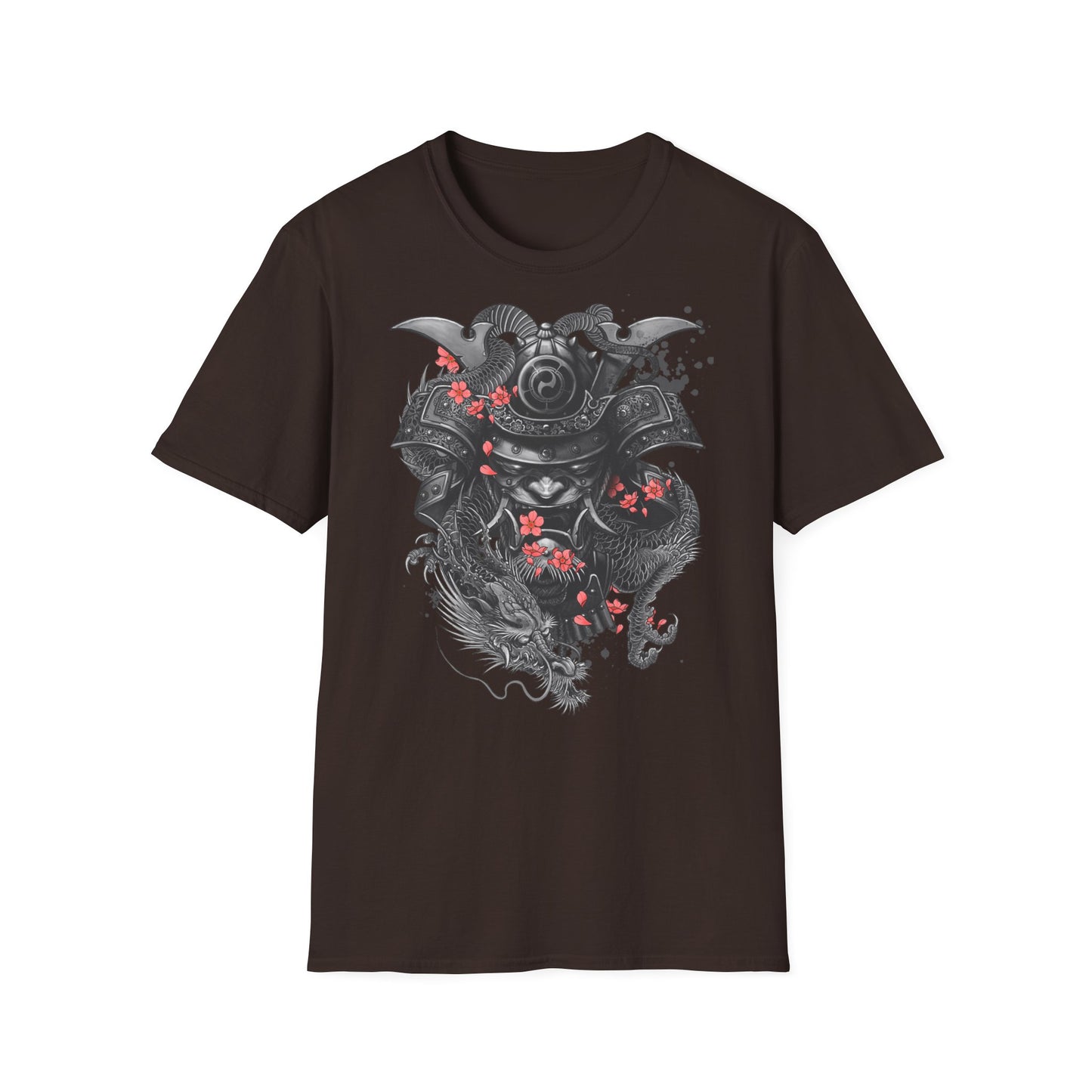 Samurai Helmet T‑Shirt — Japanese Warrior Armor with Red Sakura Accents