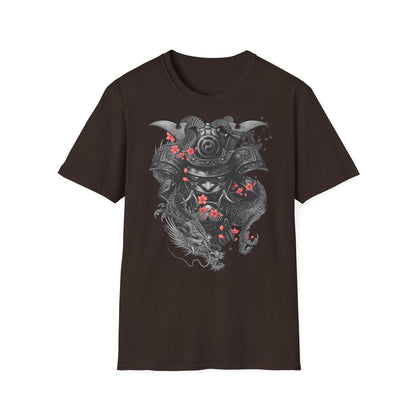Samurai Helmet T‑Shirt — Japanese Warrior Armor with Red Sakura Accents