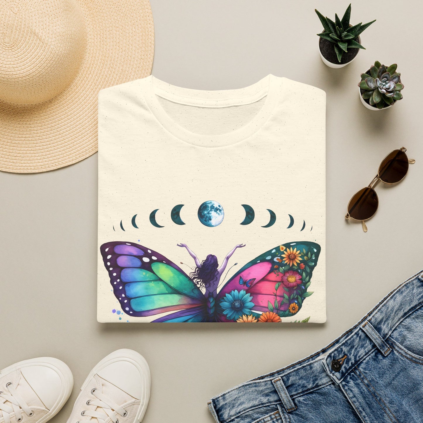 Butterfly Moon Phases T‑Shirt — Colorful Floral Wing Tee