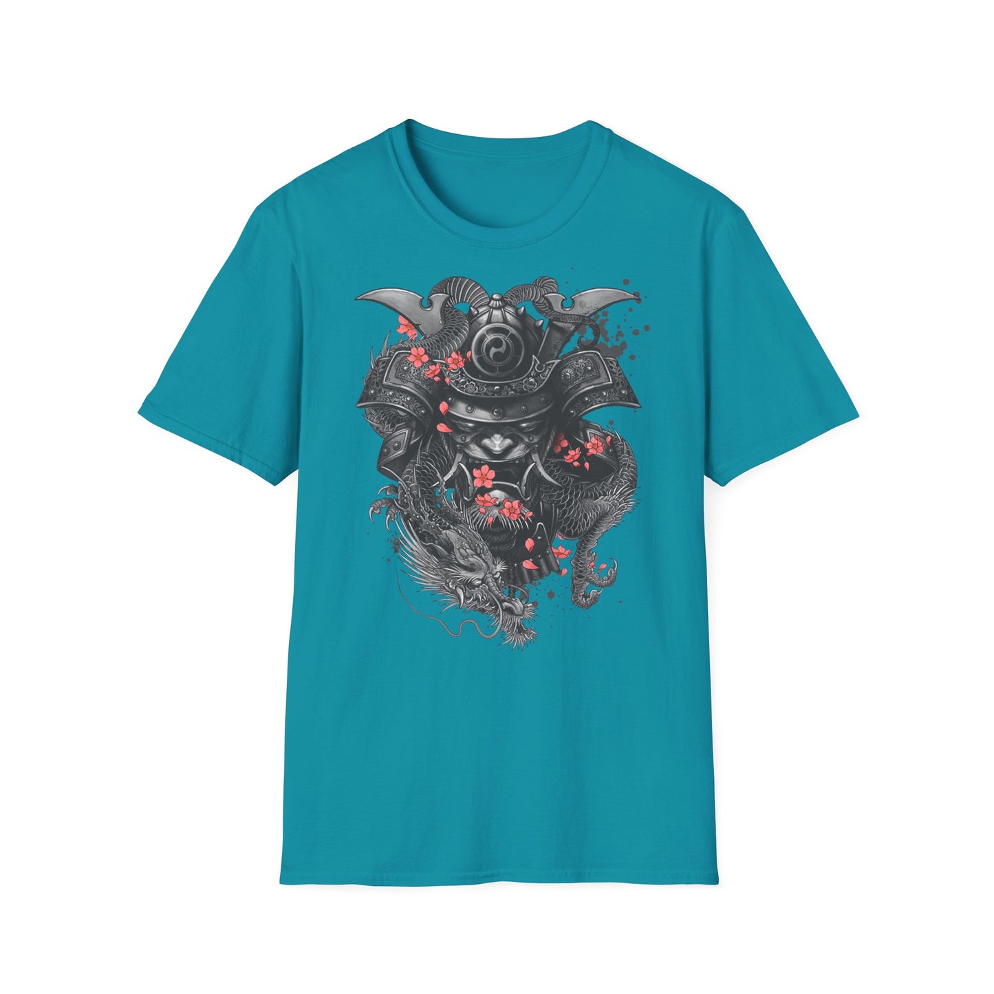 Samurai Helmet T‑Shirt — Japanese Warrior Armor with Red Sakura Accents