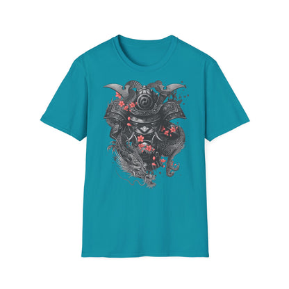 Samurai Helmet T‑Shirt — Japanese Warrior Armor with Red Sakura Accents