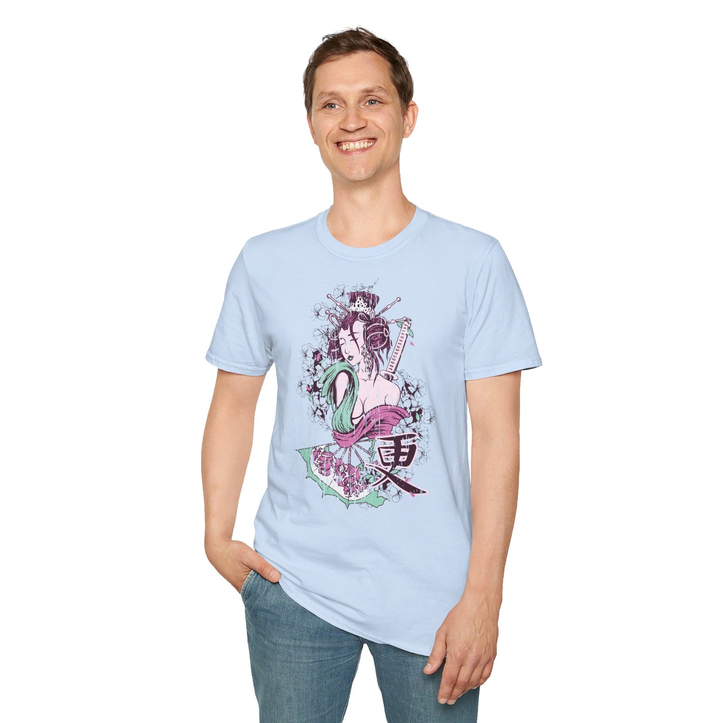 Geisha Anime Art T‑Shirt — Retro Floral Japanese Illustration