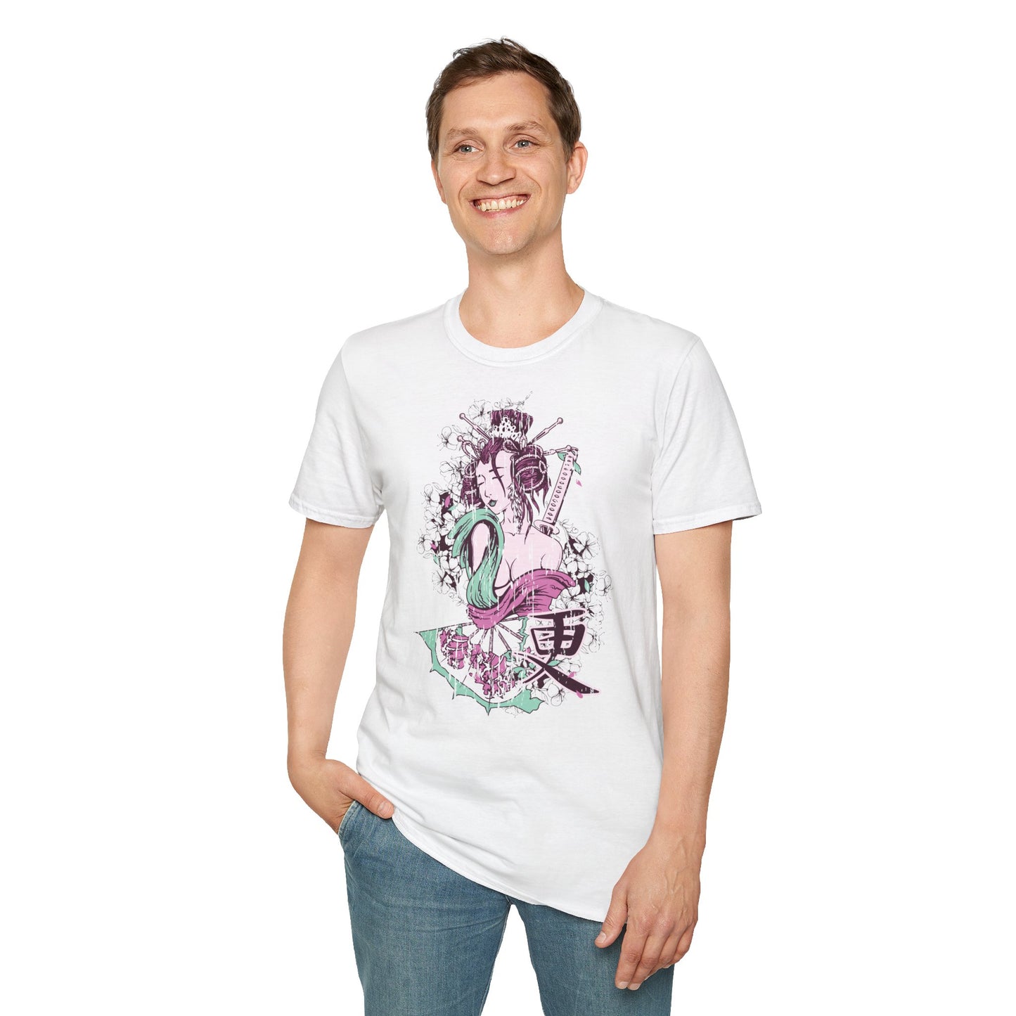 Geisha Anime Art T‑Shirt — Retro Floral Japanese Illustration