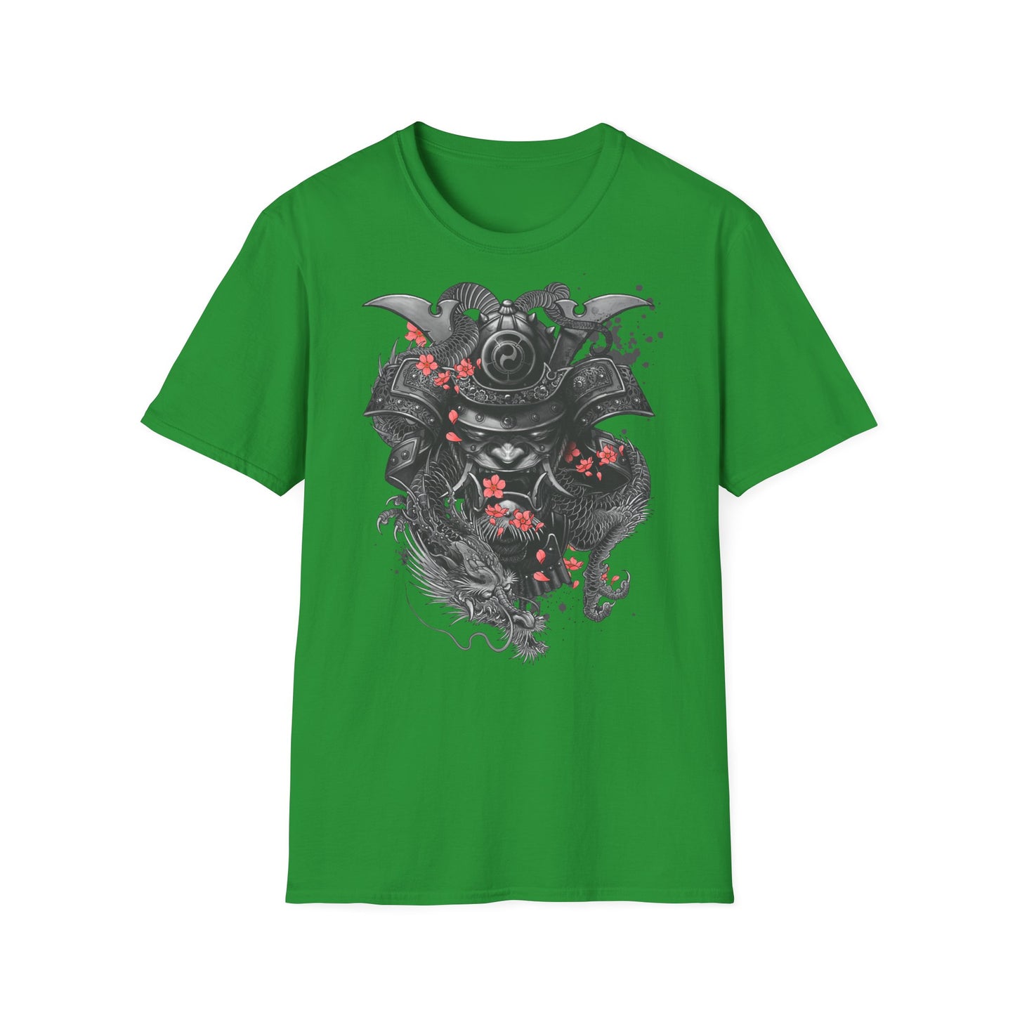 Samurai Helmet T‑Shirt — Japanese Warrior Armor with Red Sakura Accents