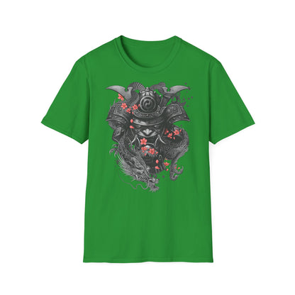 Samurai Helmet T‑Shirt — Japanese Warrior Armor with Red Sakura Accents