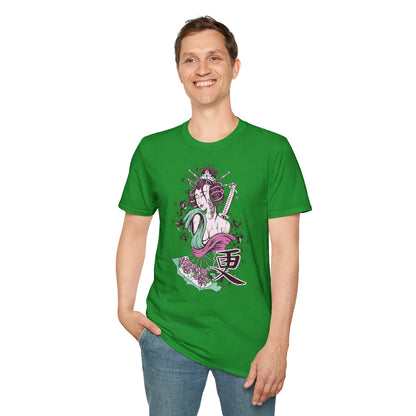 Geisha Anime Art T‑Shirt — Retro Floral Japanese Illustration