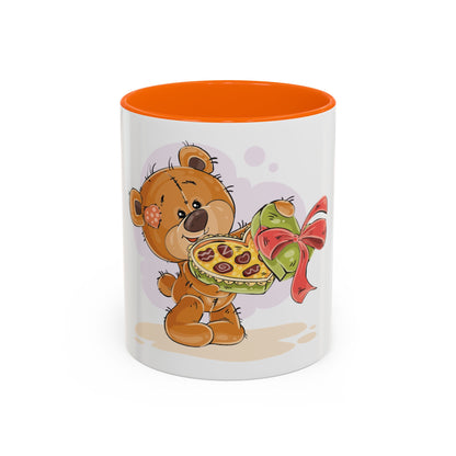 Cute Teddy Bear Pizza Gift Mug — Heart-Shaped Pizza & Bow Accent Coffee Cup