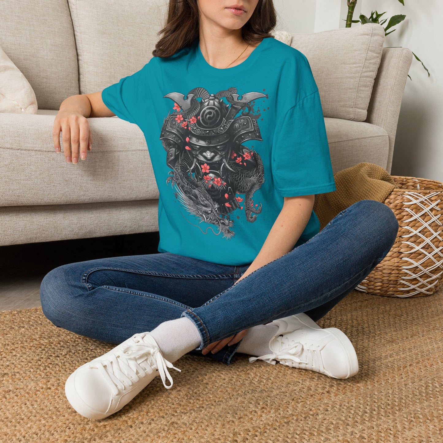 Samurai Helmet T‑Shirt — Japanese Warrior Armor with Red Sakura Accents