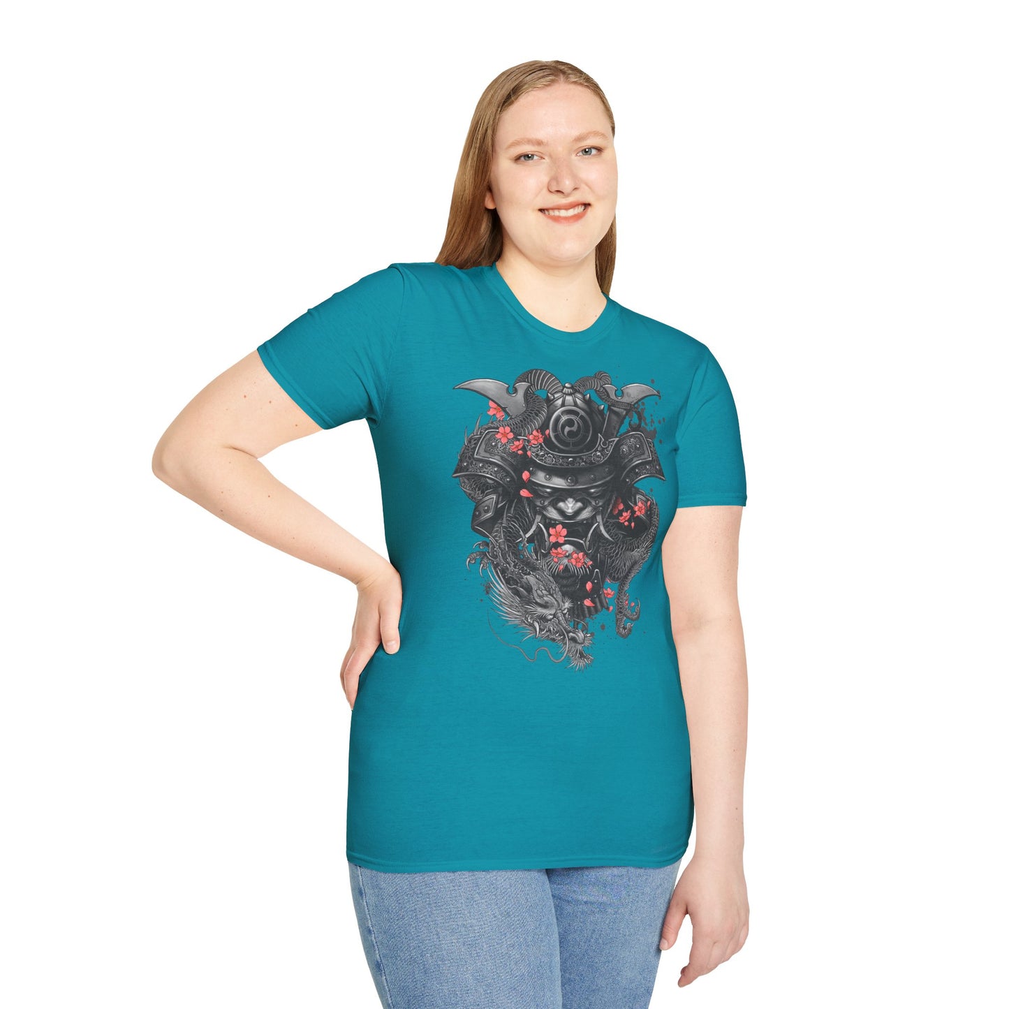 Samurai Helmet T‑Shirt — Japanese Warrior Armor with Red Sakura Accents