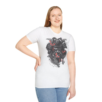 Samurai Helmet T‑Shirt — Japanese Warrior Armor with Red Sakura Accents