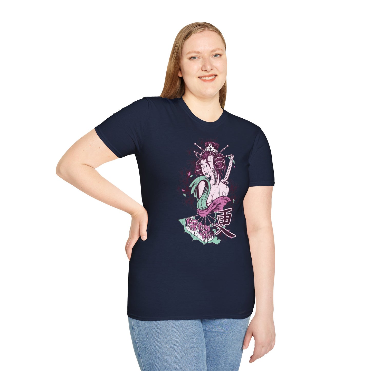 Geisha Anime Art T‑Shirt — Retro Floral Japanese Illustration