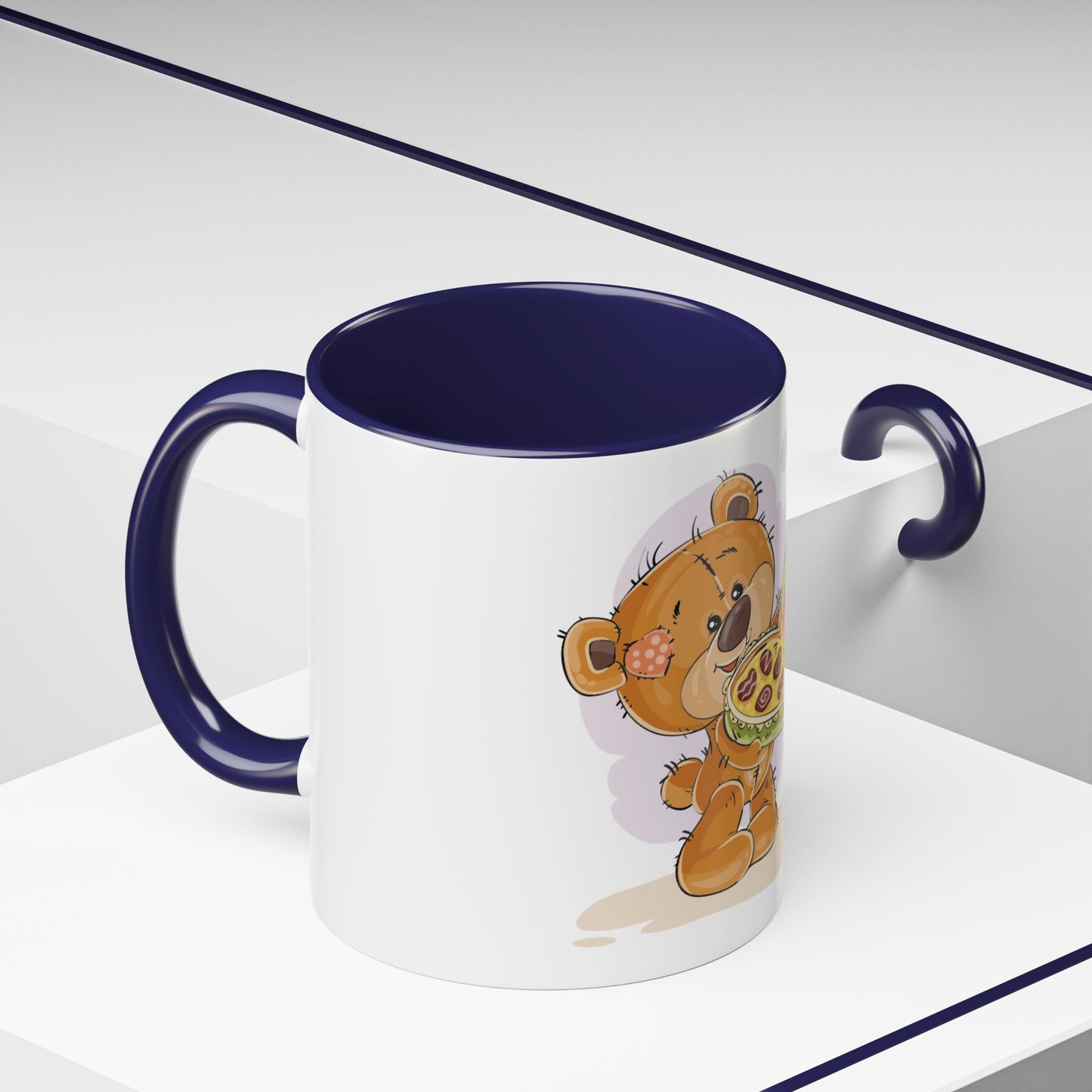 Cute Teddy Bear Pizza Gift Mug — Heart-Shaped Pizza & Bow Accent Coffee Cup