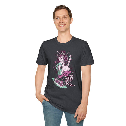 Geisha Anime Art T‑Shirt — Retro Floral Japanese Illustration