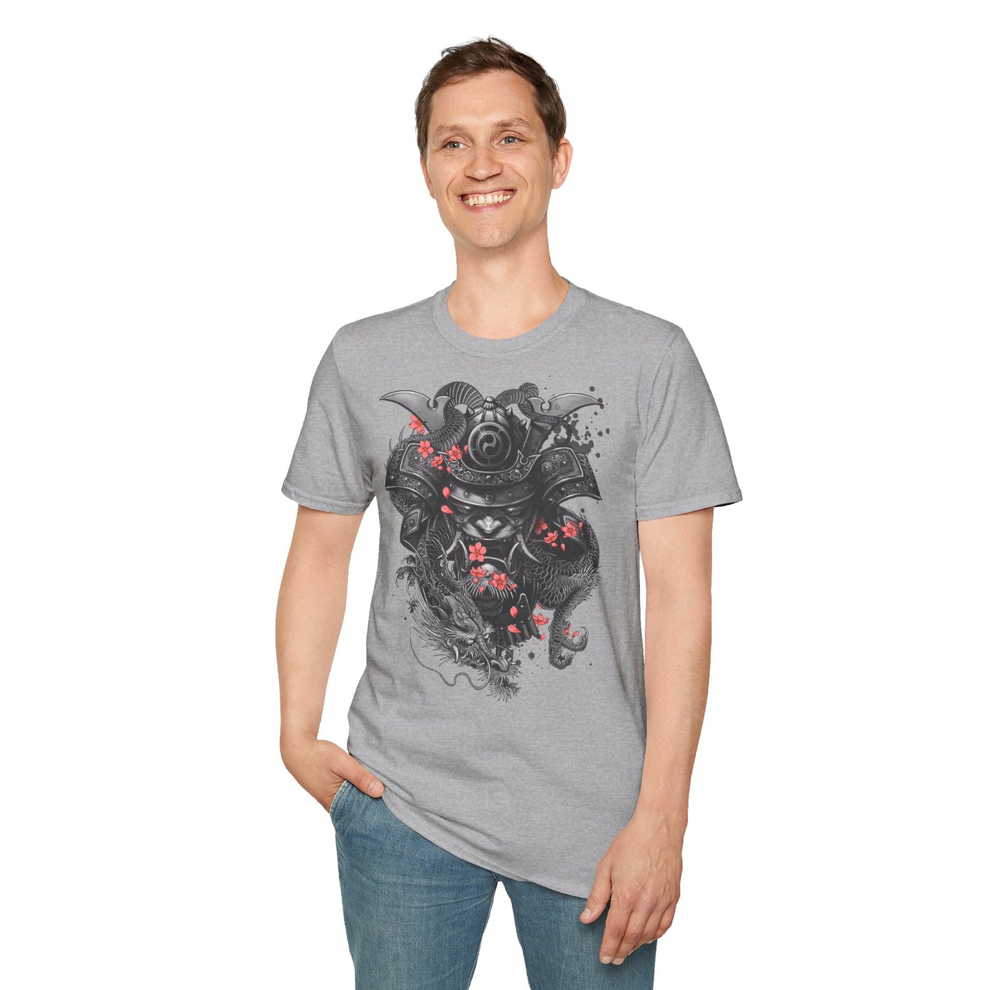 Samurai Helmet T‑Shirt — Japanese Warrior Armor with Red Sakura Accents