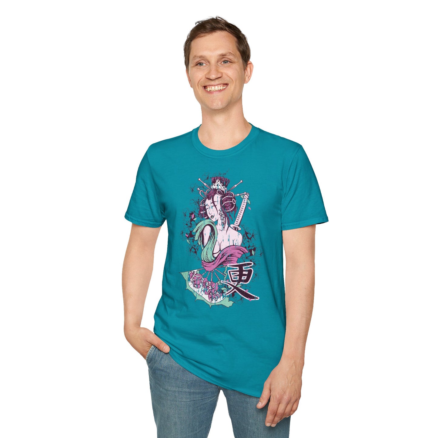 Geisha Anime Art T‑Shirt — Retro Floral Japanese Illustration