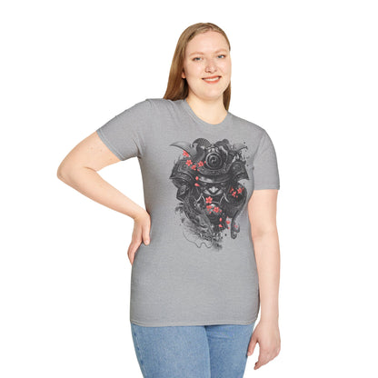 Samurai Helmet T‑Shirt — Japanese Warrior Armor with Red Sakura Accents
