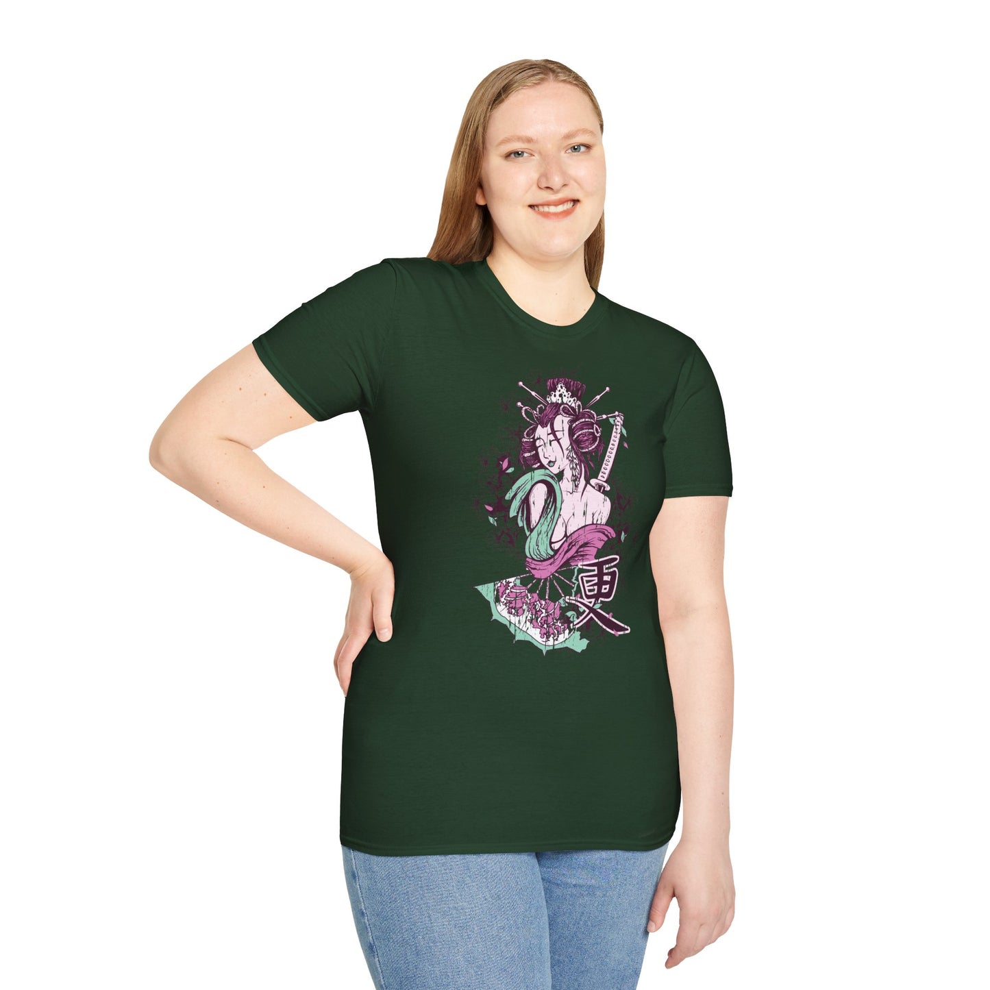 Geisha Anime Art T‑Shirt — Retro Floral Japanese Illustration