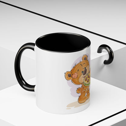 Cute Teddy Bear Pizza Gift Mug — Heart-Shaped Pizza & Bow Accent Coffee Cup