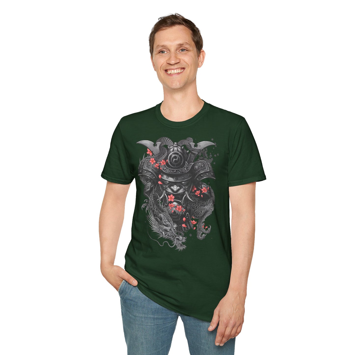Samurai Helmet T‑Shirt — Japanese Warrior Armor with Red Sakura Accents