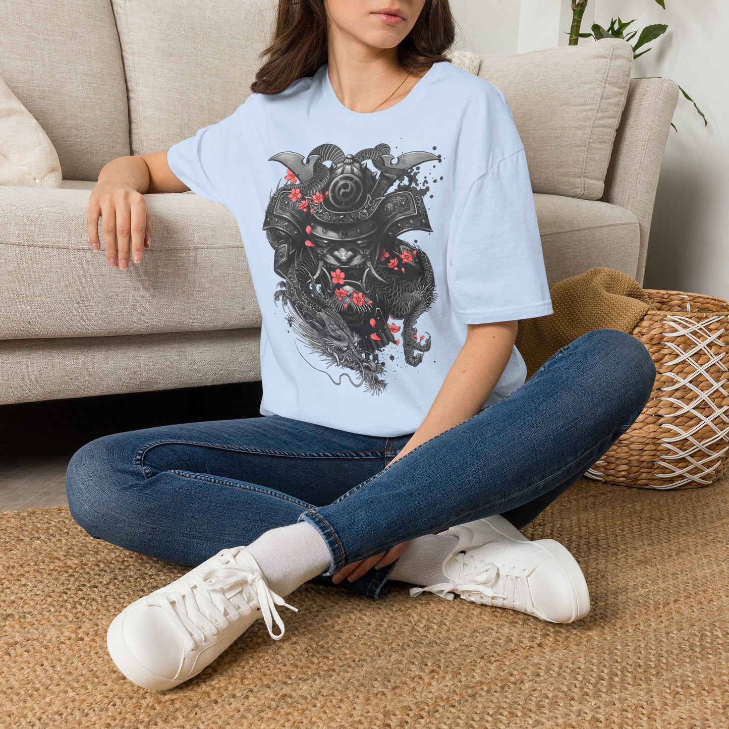 Samurai Helmet T‑Shirt — Japanese Warrior Armor with Red Sakura Accents