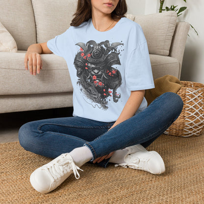 Samurai Helmet T‑Shirt — Japanese Warrior Armor with Red Sakura Accents