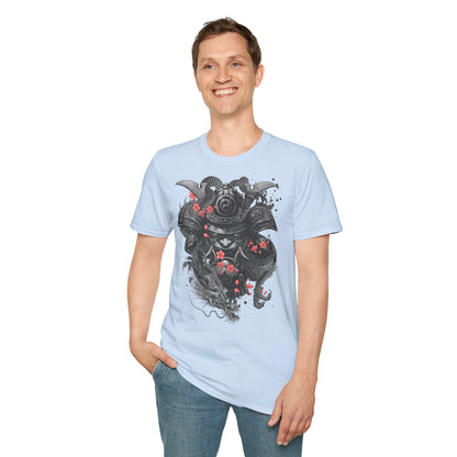 Samurai Helmet T‑Shirt — Japanese Warrior Armor with Red Sakura Accents
