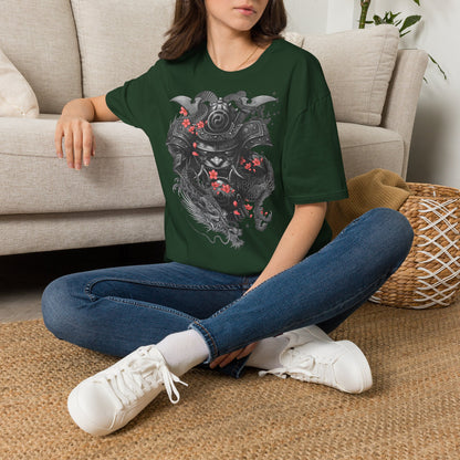 Samurai Helmet T‑Shirt — Japanese Warrior Armor with Red Sakura Accents