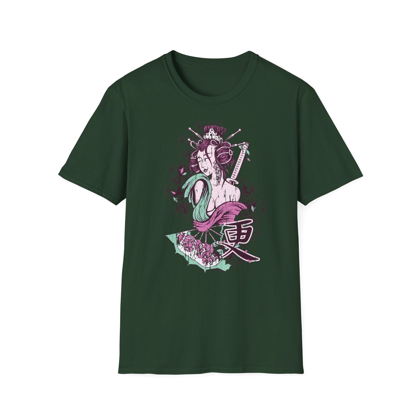 Geisha Anime Art T‑Shirt — Retro Floral Japanese Illustration