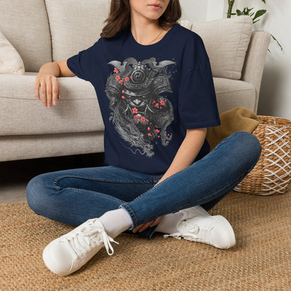 Samurai Helmet T‑Shirt — Japanese Warrior Armor with Red Sakura Accents