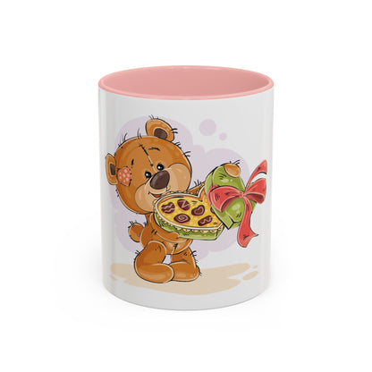 Cute Teddy Bear Pizza Gift Mug — Heart-Shaped Pizza & Bow Accent Coffee Cup