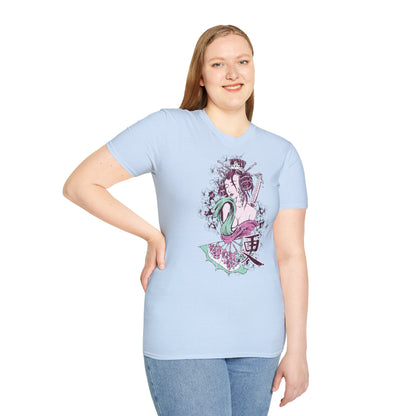 Geisha Anime Art T‑Shirt — Retro Floral Japanese Illustration