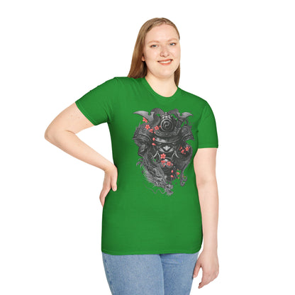 Samurai Helmet T‑Shirt — Japanese Warrior Armor with Red Sakura Accents