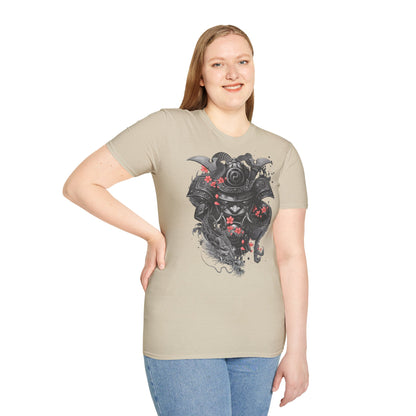 Samurai Helmet T‑Shirt — Japanese Warrior Armor with Red Sakura Accents
