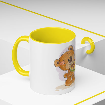 Cute Teddy Bear Pizza Gift Mug — Heart-Shaped Pizza & Bow Accent Coffee Cup
