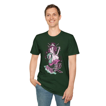 Geisha Anime Art T‑Shirt — Retro Floral Japanese Illustration