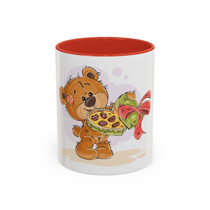 Cute Teddy Bear Pizza Gift Mug — Heart-Shaped Pizza & Bow Accent Coffee Cup