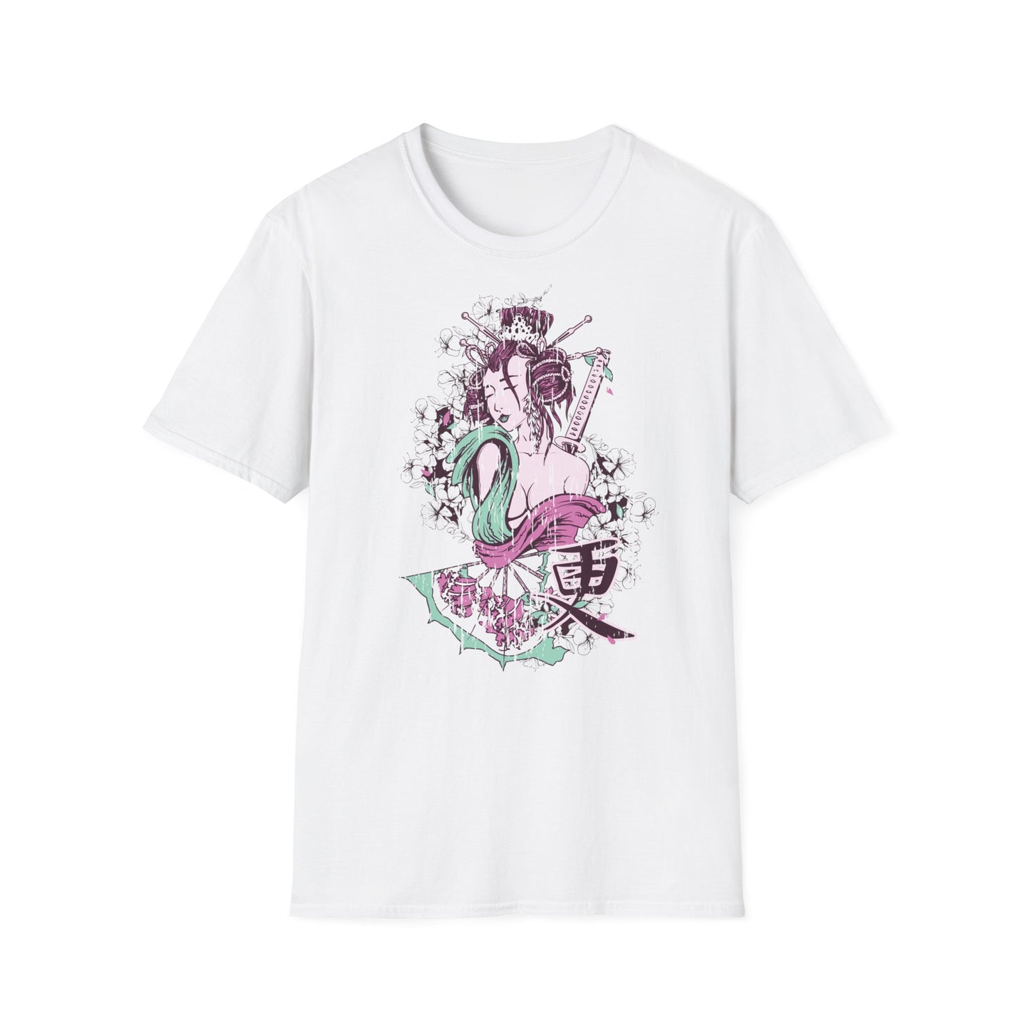 Geisha Anime Art T‑Shirt — Retro Floral Japanese Illustration