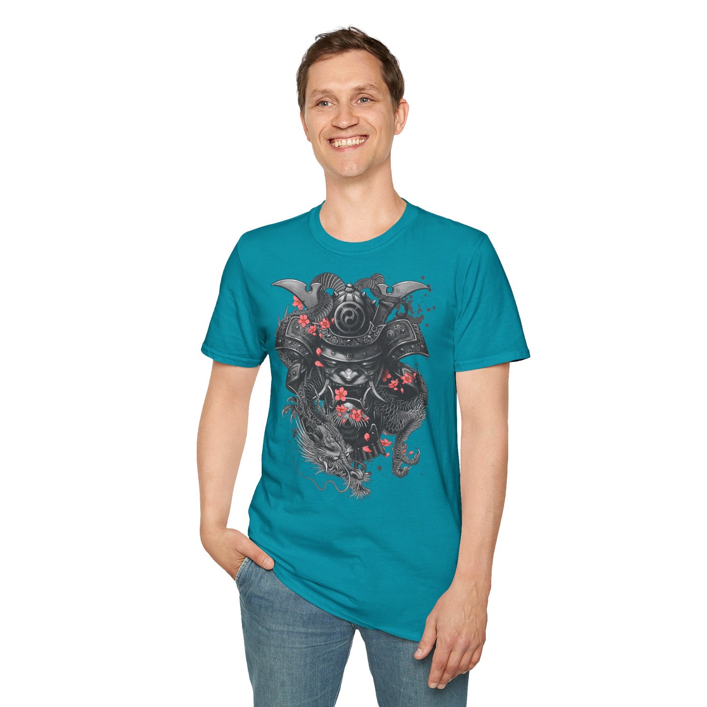 Samurai Helmet T‑Shirt — Japanese Warrior Armor with Red Sakura Accents