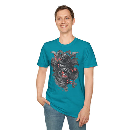 Samurai Helmet T‑Shirt — Japanese Warrior Armor with Red Sakura Accents