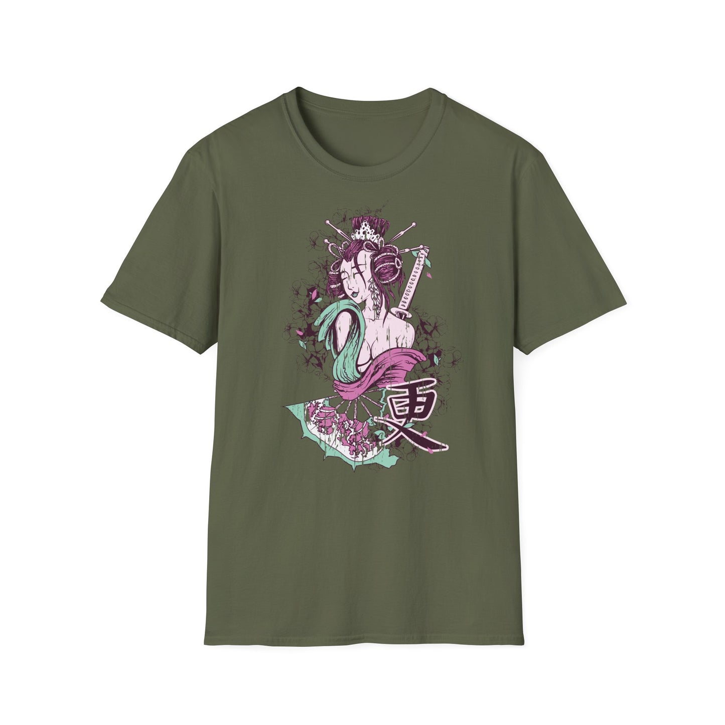 Geisha Anime Art T‑Shirt — Retro Floral Japanese Illustration