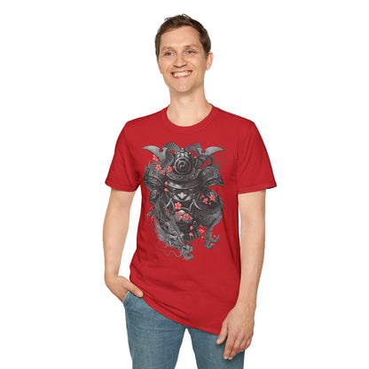 Samurai Helmet T‑Shirt — Japanese Warrior Armor with Red Sakura Accents