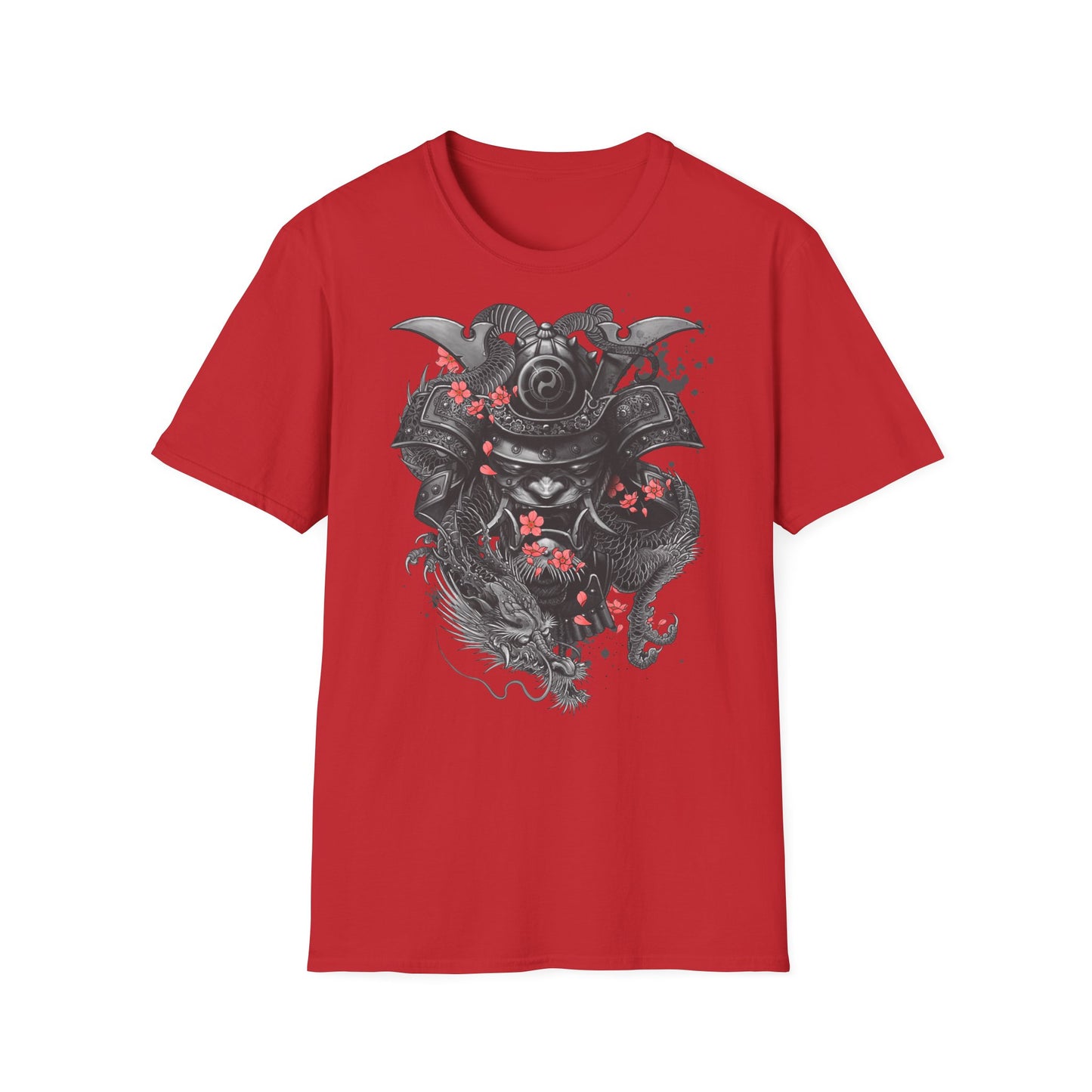 Samurai Helmet T‑Shirt — Japanese Warrior Armor with Red Sakura Accents