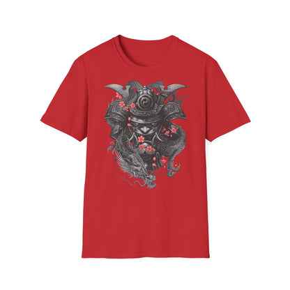 Samurai Helmet T‑Shirt — Japanese Warrior Armor with Red Sakura Accents
