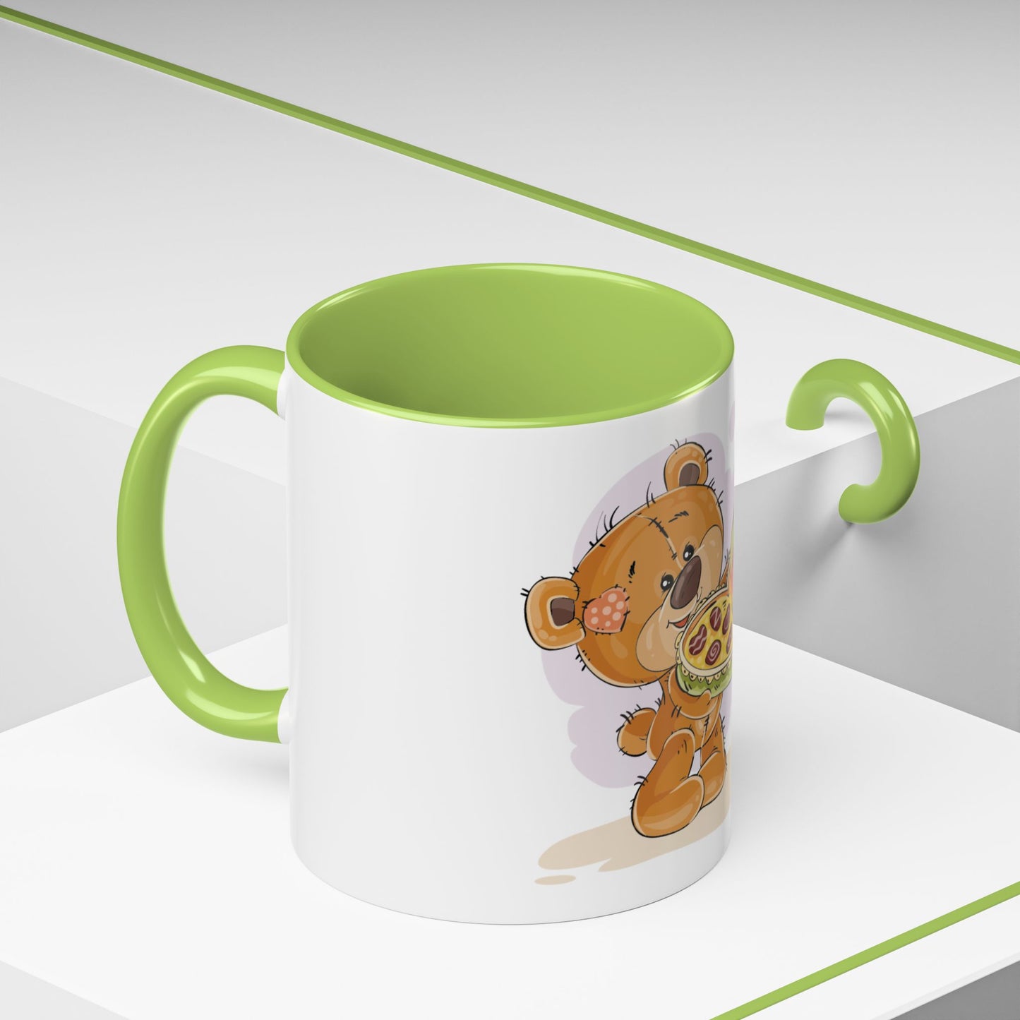 Cute Teddy Bear Pizza Gift Mug — Heart-Shaped Pizza & Bow Accent Coffee Cup