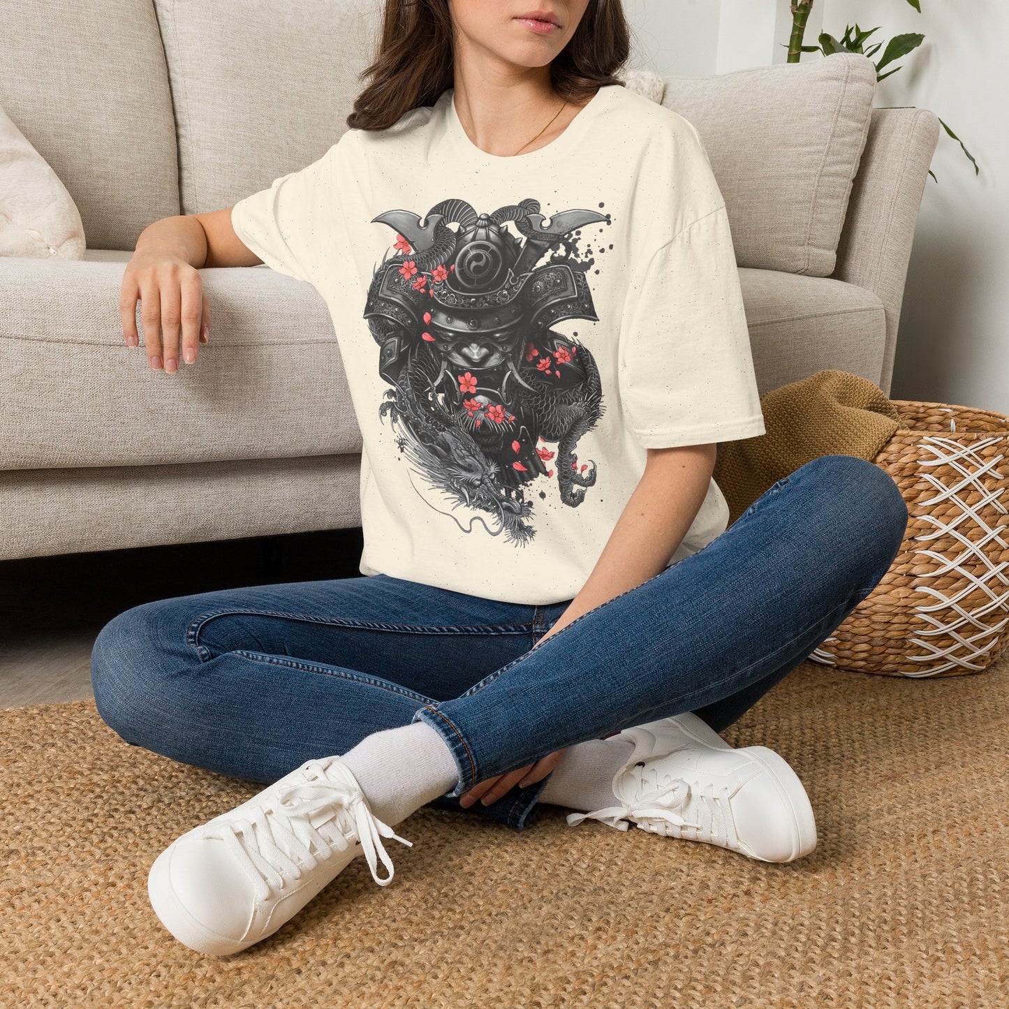 Samurai Helmet T‑Shirt — Japanese Warrior Armor with Red Sakura Accents