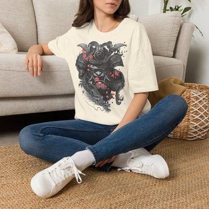 Samurai Helmet T‑Shirt — Japanese Warrior Armor with Red Sakura Accents