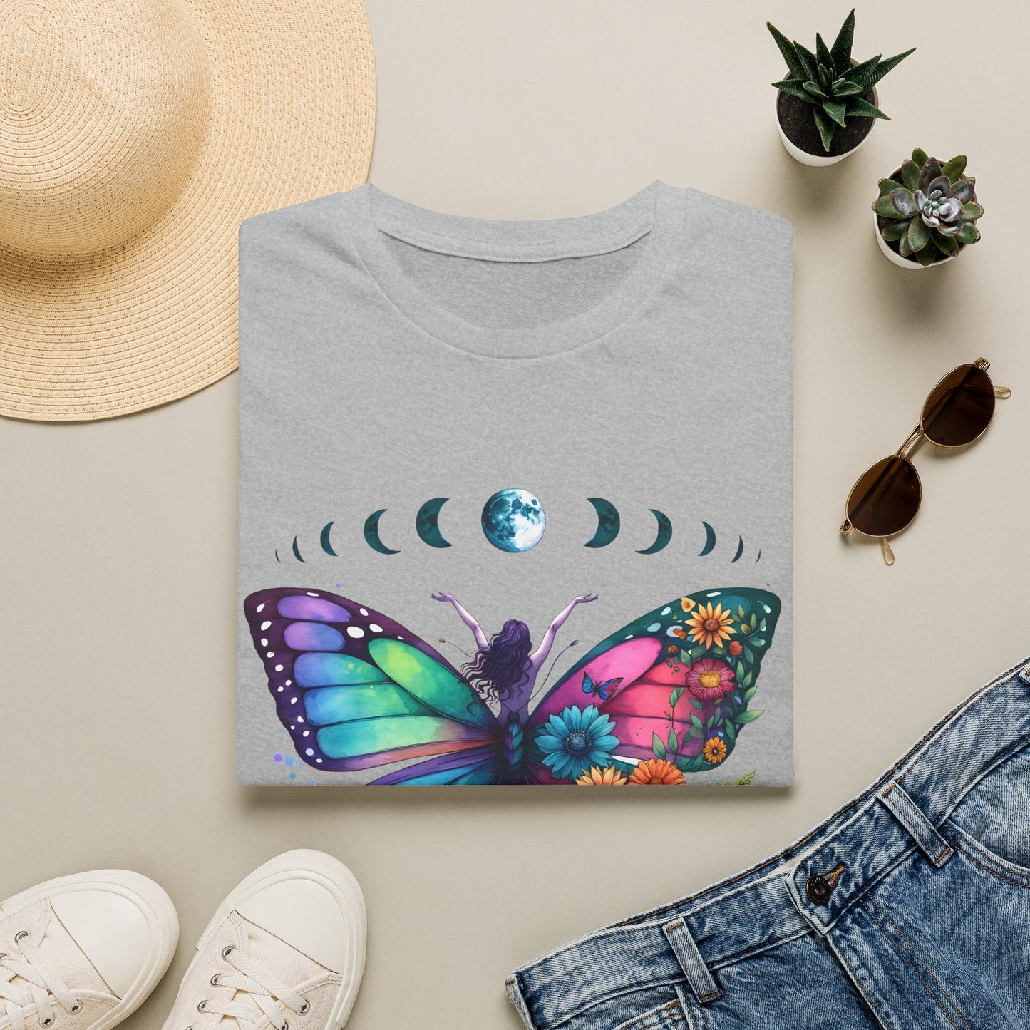 Butterfly Moon Phases T‑Shirt — Colorful Floral Wing Tee